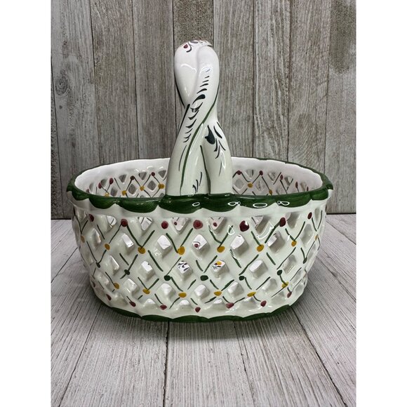 Vtg Holu Painted Lattice Basket Oval Ceramic with Braid Handle Portugal 7" Tall - Picture 2 of 10
